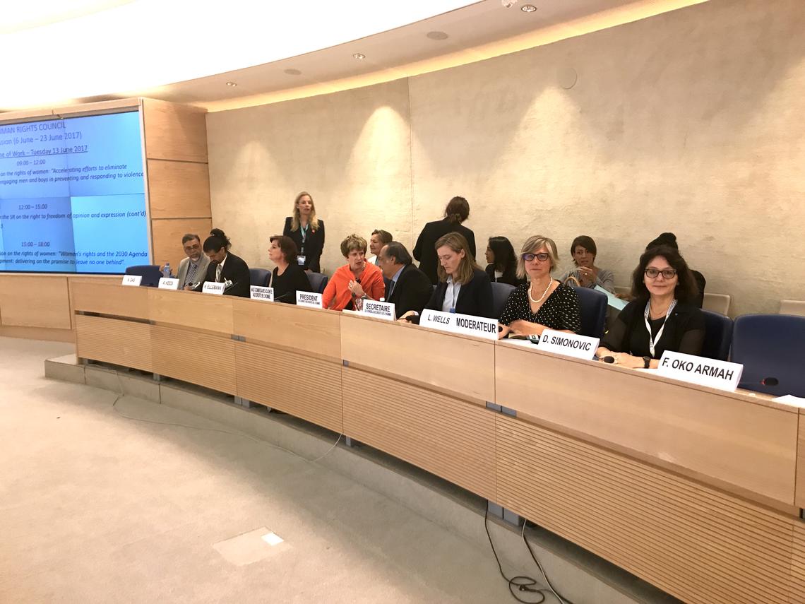 Lana Wells moderates a full-day panel discussion during the 16th meeting of the 35th Regular Session of the United Nations Human Rights Council June 13, 2017. Photos courtesy Lana Wells