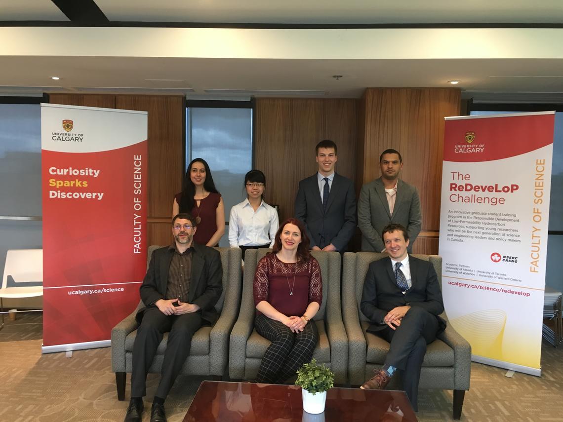 "Dragon's Den" event judges Mike Johnson (Technical Lead, National Energy Board), Melanie Popp (geoLOGIC Systems and Director, Canadian Society For Unconventional Resources) and Jérôme Marty (Director, Council of Canadian Academies), seated, are pictured with ReDeveLoP Annual Innovation Conference participants.