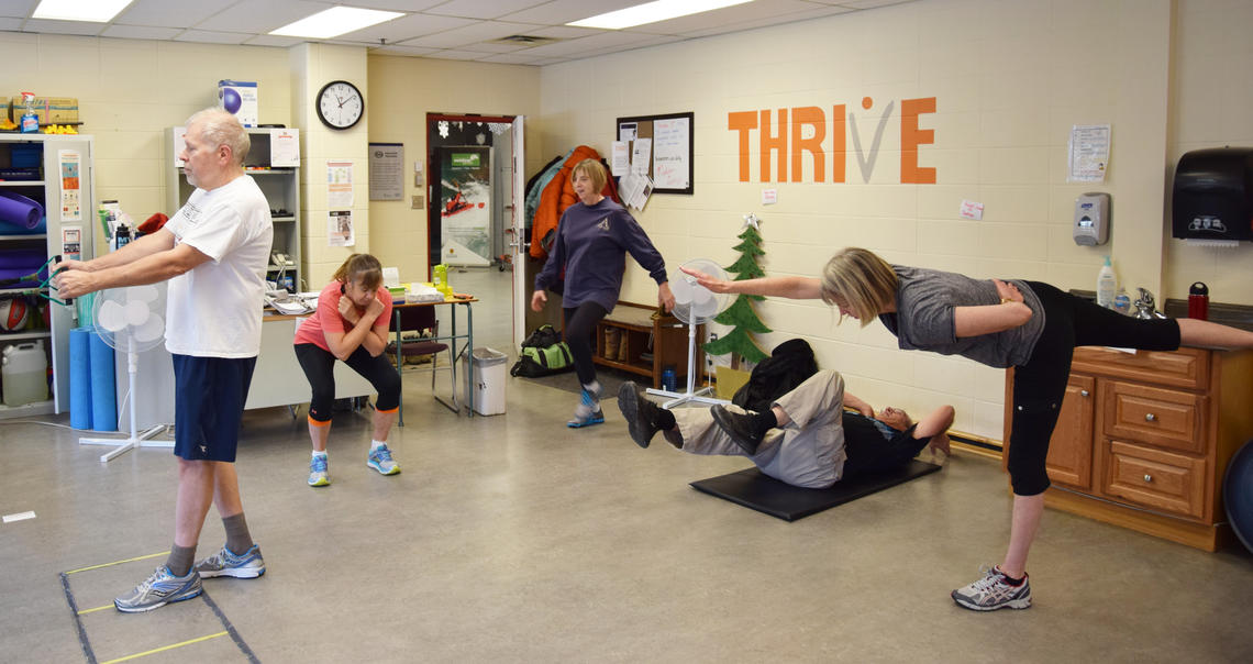 Participants in Colleen Cuthbert's RECHARGE study exercise in Kinesiology's Thrive Centre.