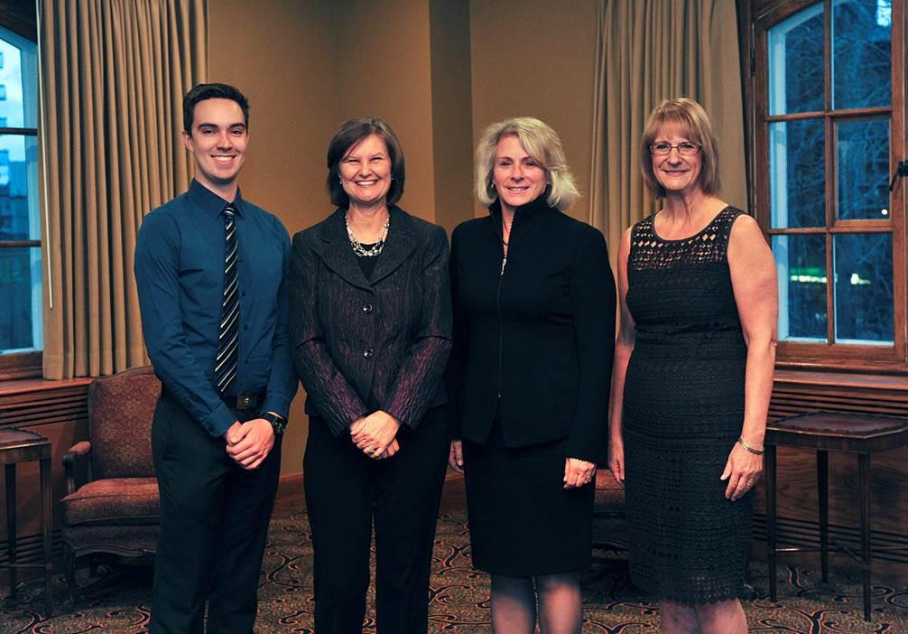 From left, Tyler Hume, Faculty of Nursing Alumni president; Bonnie Johnston, CEO of Sheldon Kennedy Child Advocacy Centre; Elizabeth Cannon, president, University of Calgary; Dianne Tapp, dean, Faculty of Nursing. 