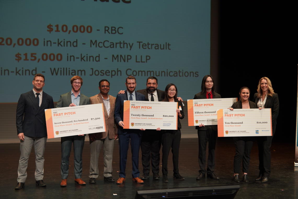 Winners of this year's RBC Fast Pitch Competition pose for a group photo with some of this year's pitch competition judges. BComm students Joshua Kahn, Kristy Wong, Kingston Leo and Elyse Petanca formed FloraGreen. 