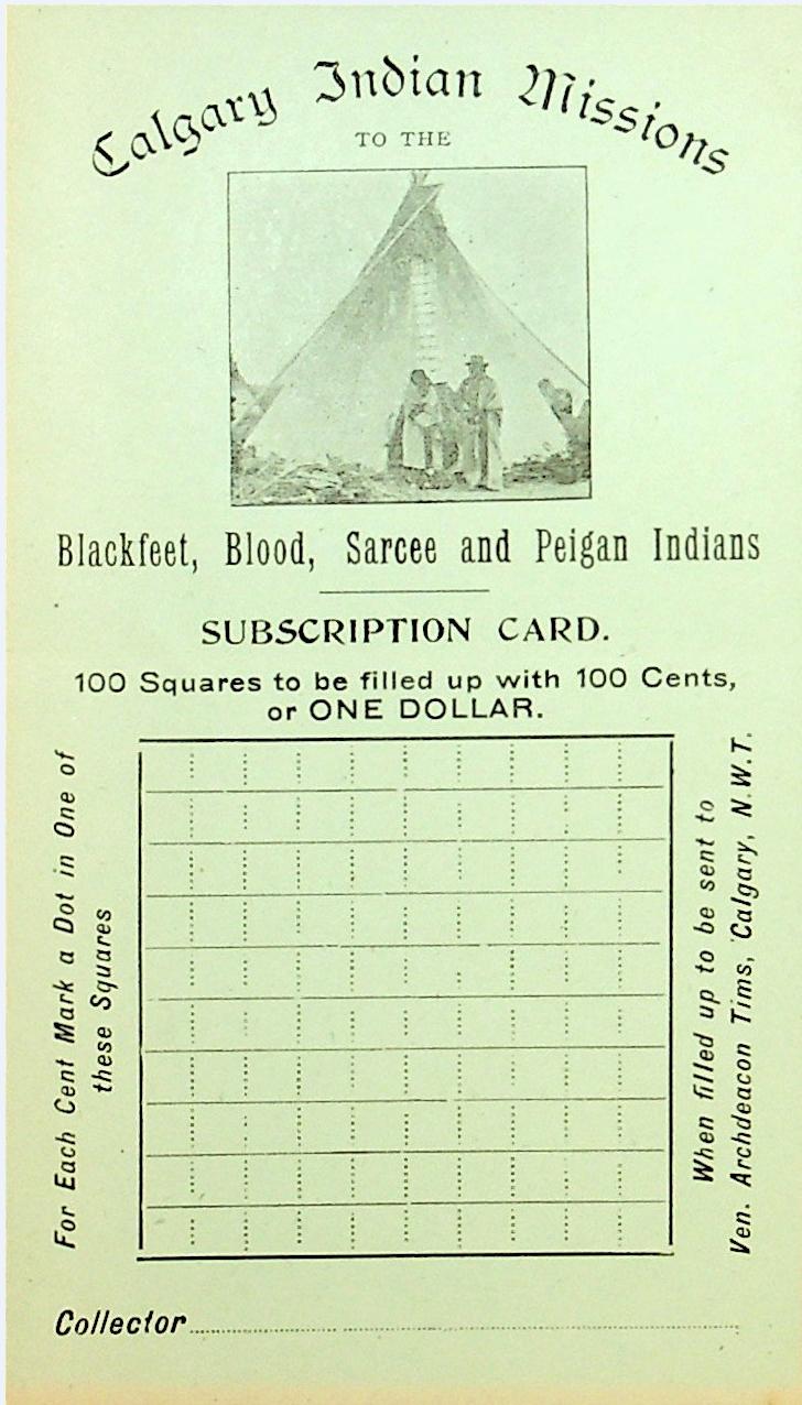 Calgary Indian Missions subscription card. 