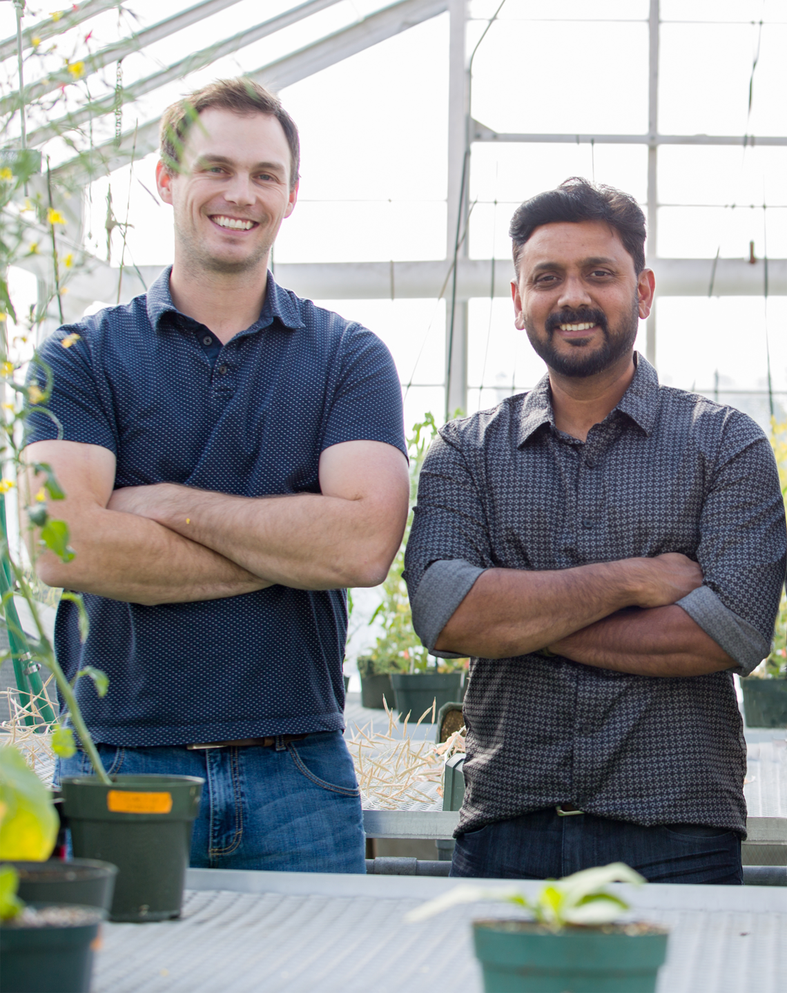 Logan and Marcus stand in a green house with their arms crossed