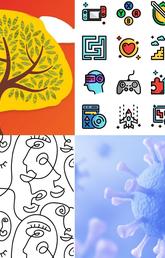 Images representing topics: tree, game icons, virus and line drawing of face