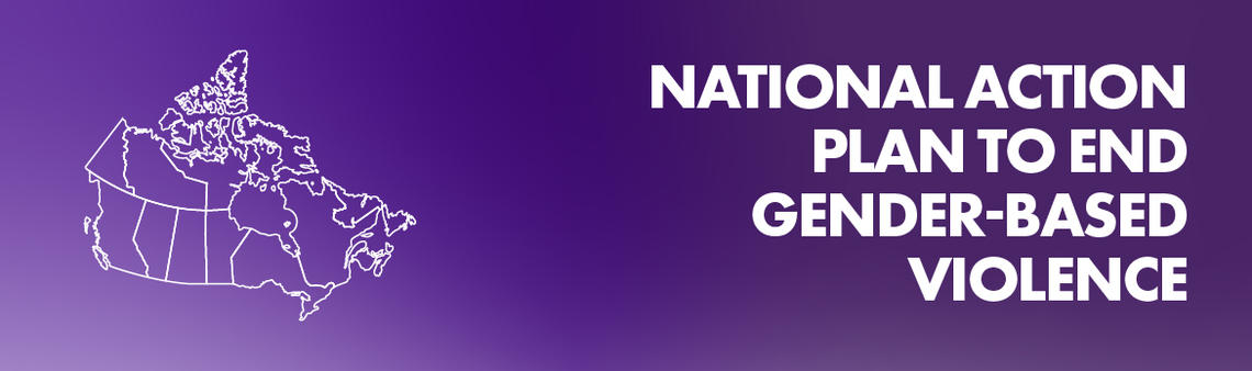 Purple background with white outline of Canada with text right aligned saying "National Action Plan to End Gender-Based Violence"