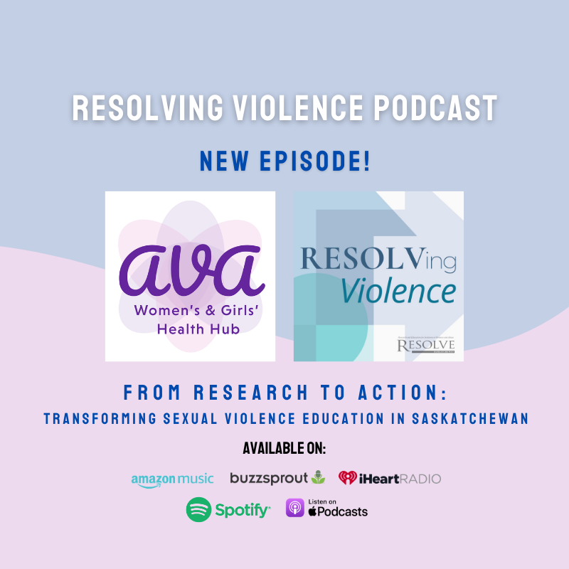 RESOLVing Violence Podcast Square Marketing Image with AVA Health Hub's logo and RESOLVing Violence podcast logo and logos of podcast platforms you can listen it on