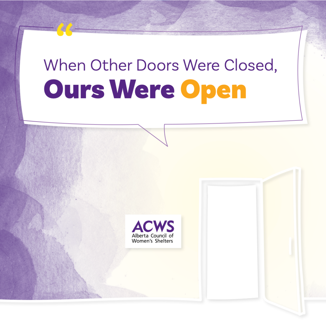 Purple and white background with open door
