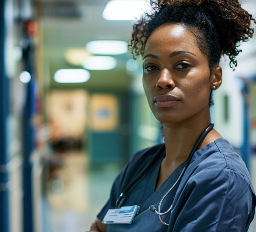 Woman in medical uniform standing in hallway of medical centre