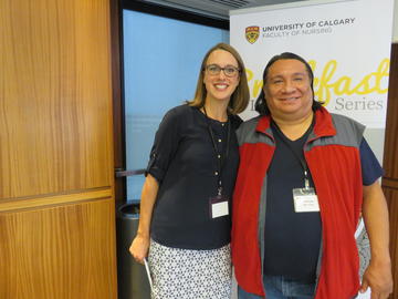 Director of Indigenous Initiatives Heather Bensler, left, with Elder Adrian Wolfleg. In 2017, the Faculty of Nursing responds to the Truth and Reconciliation Commission of Canada's call-to-action for nursing schools and creates a platform for Indigenous Initiatives.