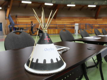 Old Sun College centerpiece at naming ceremony March 16.